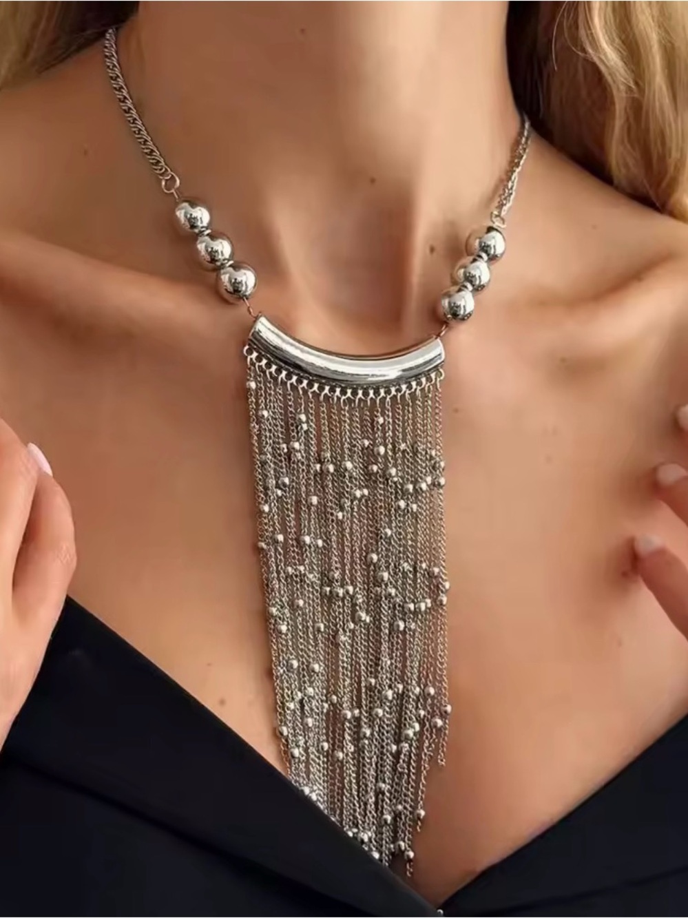 Silver Fringe Statement Necklace - Tassel Necklace